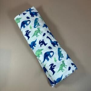 Bebe Au Lait Cotton Muslin Swaddle Blanket Blue Green Dinosaur Baby Boy 40"